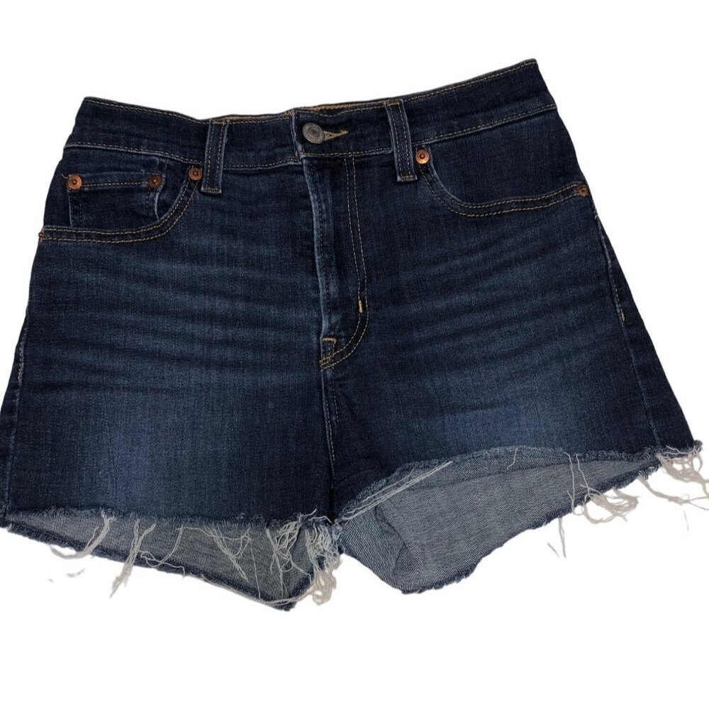 Levis High Rise Denim Shorts Size 26 Blue Stretch Frayed Hem Jean Boho Festival